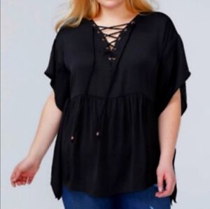 LANE Bryant Black Satin Laced Up Short Kimono Sleeve Blouse size 18/20